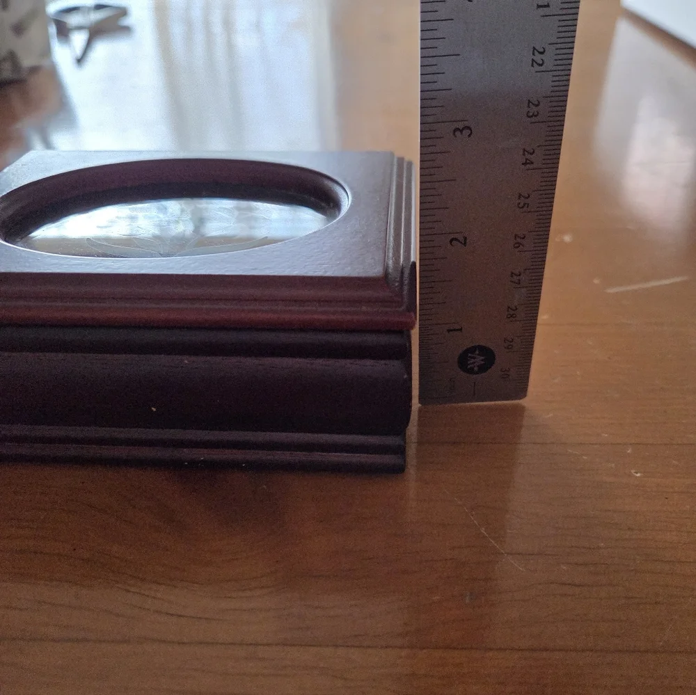 Small Wood Jewelry Box Glass Oval With Etched Flower Top